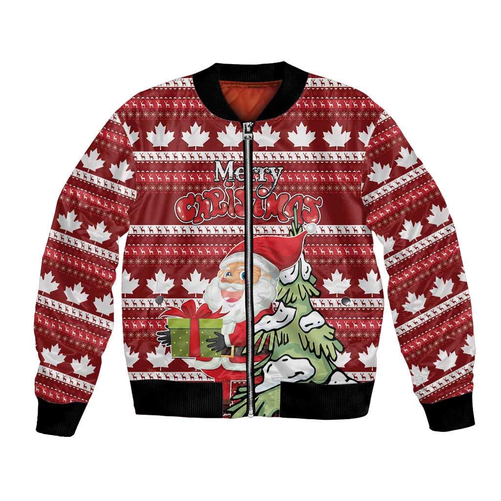 Red bomber jacket with maple leaf holiday knit, front zip, black ribbed collar and cuffs