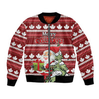 Red bomber jacket with maple leaf holiday knit, front zip, black ribbed collar and cuffs