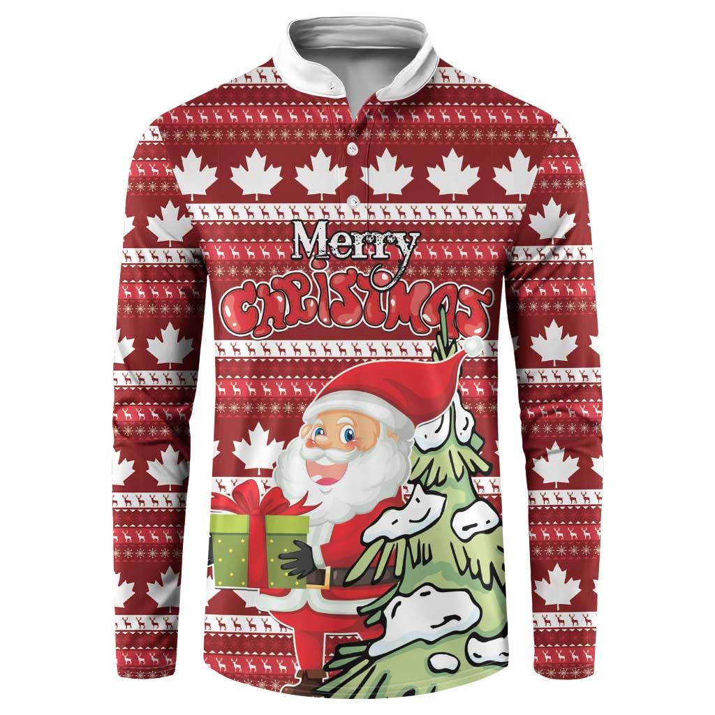 Red Christmas button sweatshirt with maple leaves, Santa, and 'Merry Christmas' graphic