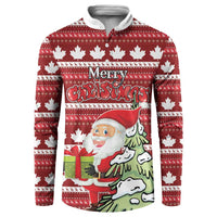 Red Christmas button sweatshirt with maple leaves, Santa, and 'Merry Christmas' graphic