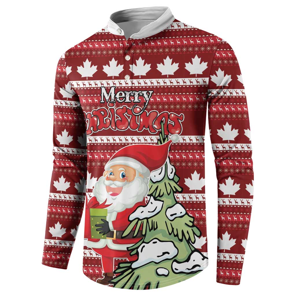 Red Christmas button sweatshirt with maple leaves, Santa, and 'Merry Christmas' design