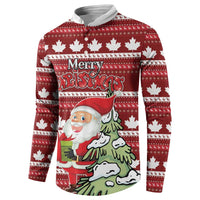 Red Christmas button sweatshirt with maple leaves, Santa, and 'Merry Christmas' design