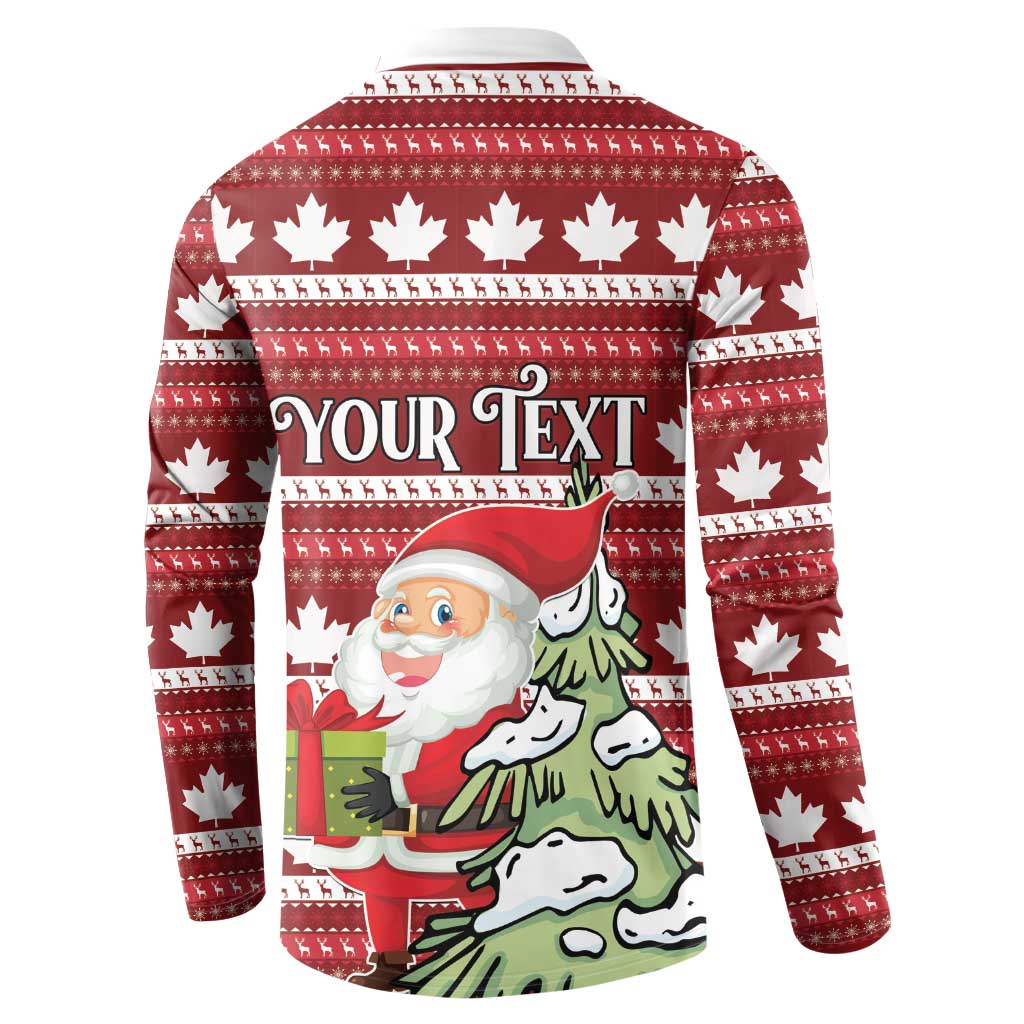 Red Christmas button sweatshirt with maple leaves, Santa holding gifts, 'YOUR TEXT' panel
