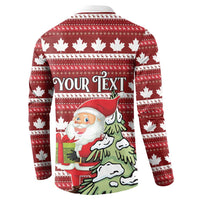 Red Christmas button sweatshirt with maple leaves, Santa holding gifts, 'YOUR TEXT' panel