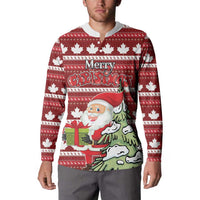 Red Christmas button sweatshirt with maple leaves, Santa, and 'Merry Christmas' on front view