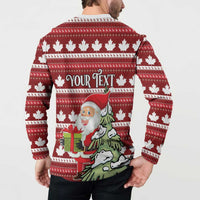 Red Christmas button sweatshirt back with maple leaves and Santa 'YOUR TEXT' panel