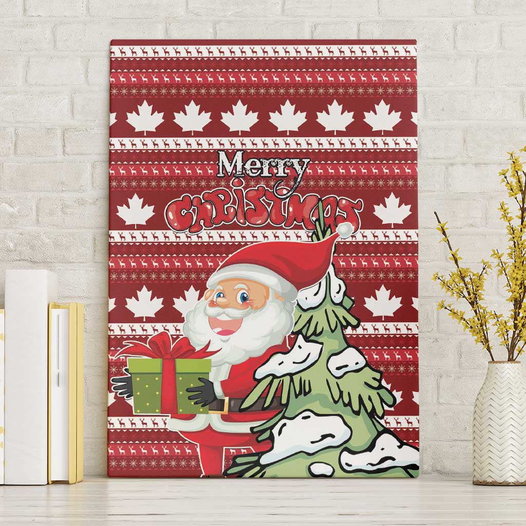 Red Christmas canvas wall art with Santa and green dog, white maple leaf pattern, close-up