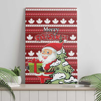 Framed red Christmas canvas wall art with Santa, green dog, and white maple leaf pattern