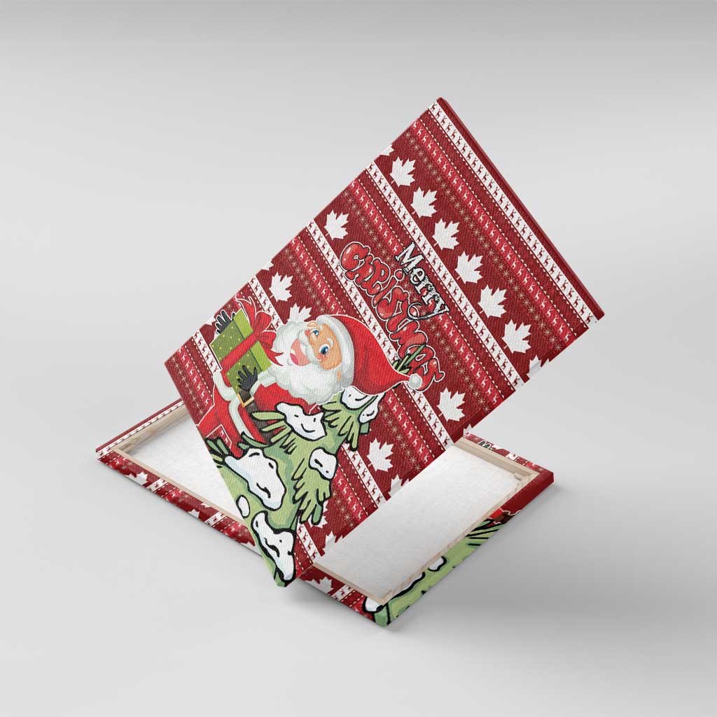 Red Christmas canvas wall art with Santa and green dog, white maple leaf pattern, angled