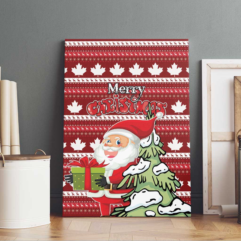 Framed red Christmas canvas wall art featuring Santa, green dog, and white maple leaf pattern