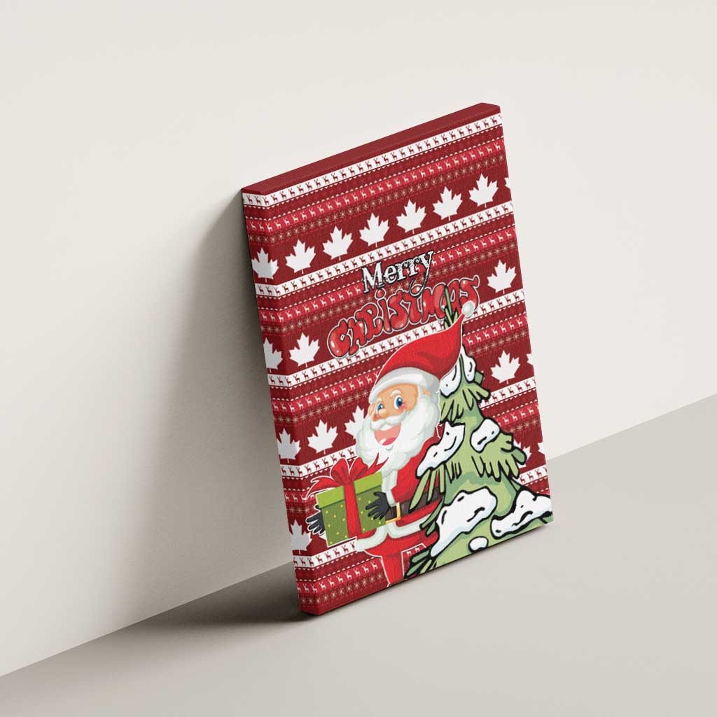 Red Christmas canvas wall art with Santa, green dog, and white maple leaf pattern on stretcher
