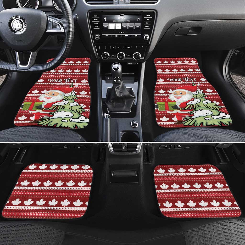 Red car floor mats with white maple leaf stripes and Santa holiday graphic; set of two