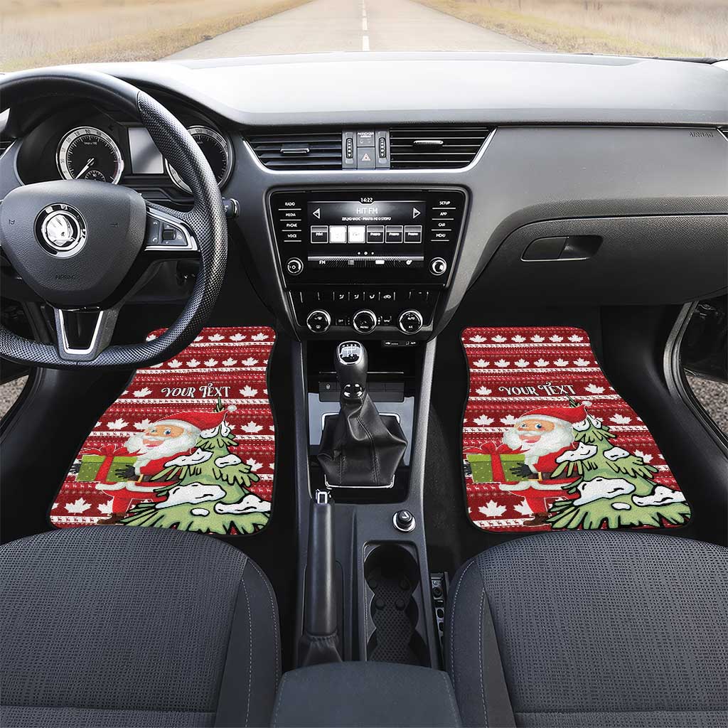 Red car floor mats with Santa holiday graphic and white maple leaf stripes; front set