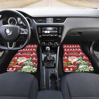 Red car floor mats with Santa holiday graphic and white maple leaf stripes; front set