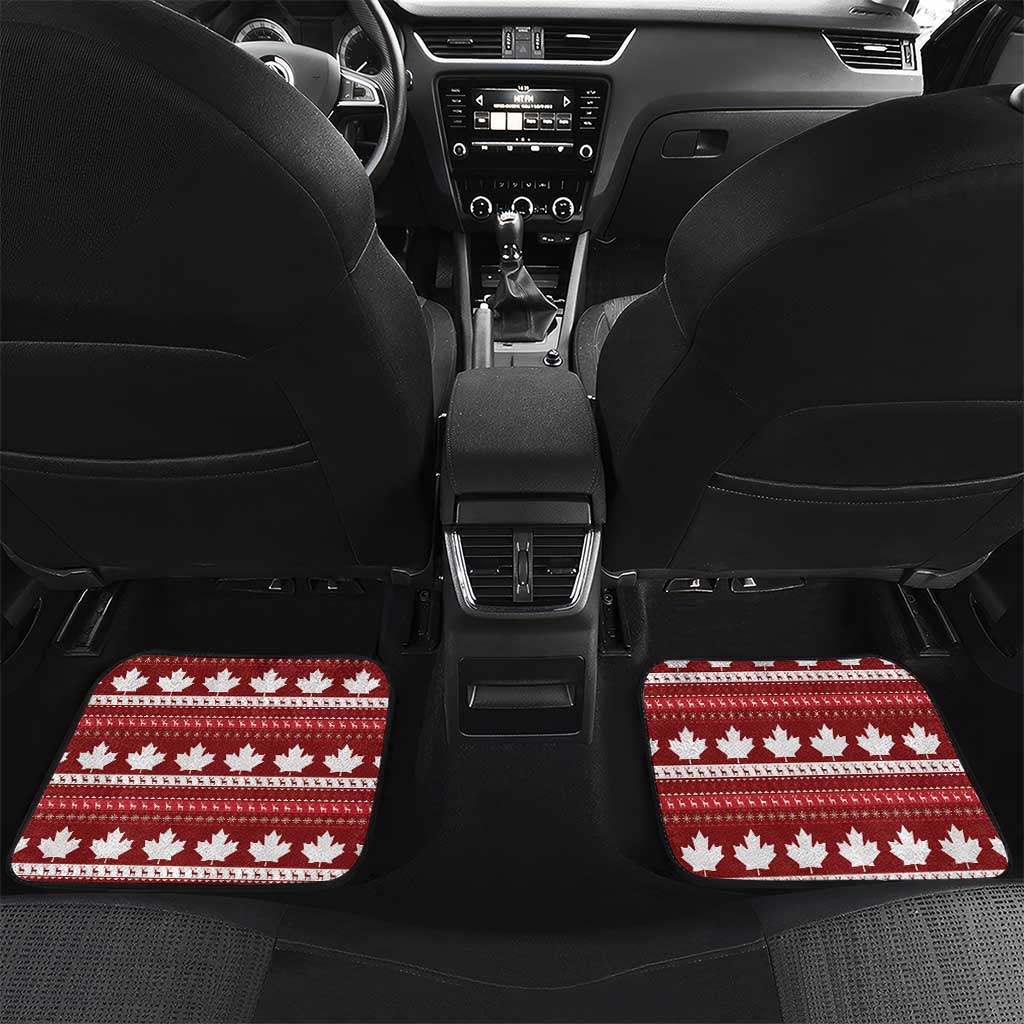 Red car floor mats with white maple leaf stripe pattern; front set of two