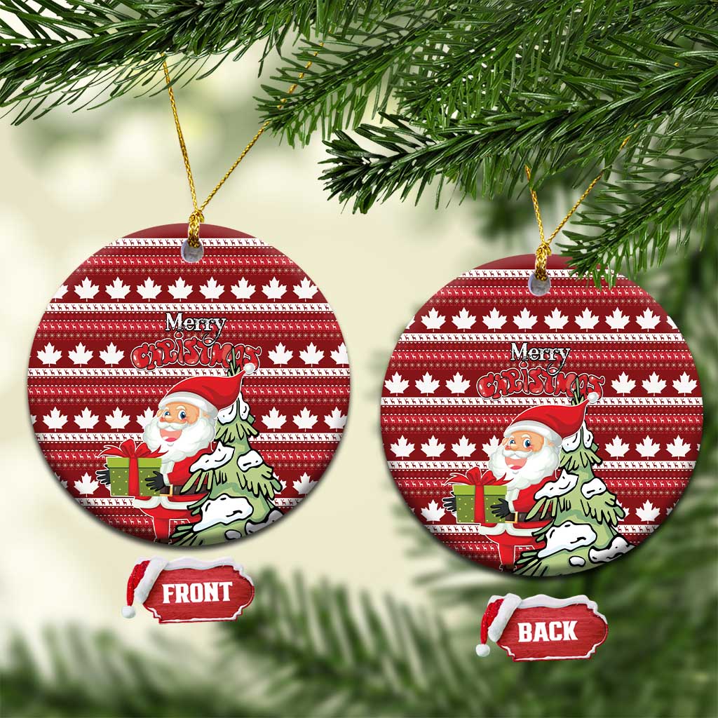 Red ceramic Christmas ornament, round maple leaf pattern with Santa and Merry Christmas; front/back tags.