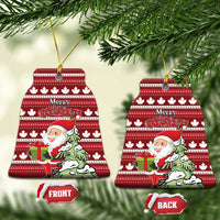 Red ceramic bell-shaped Christmas ornament with hanging loop; Santa and Merry Christmas; front/back tags.