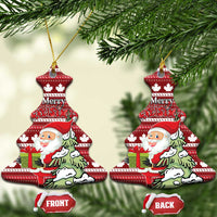 Red ceramic Christmas tree-shaped ornament with hanging loop; Santa and Merry Christmas on maple leaf pattern.