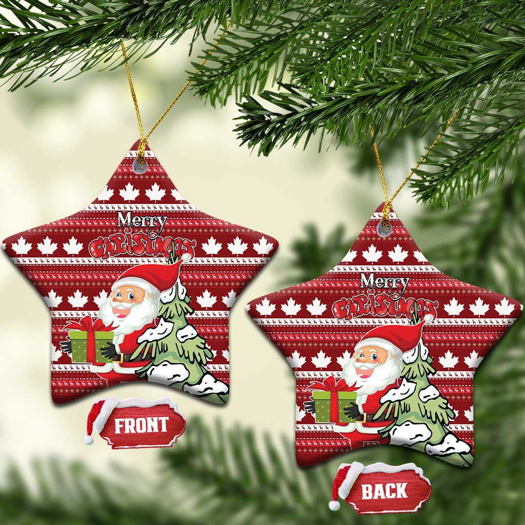 Red ceramic star-shaped Christmas ornament with hanging loop; Santa and Merry Christmas with front/back tags.