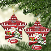 Red ceramic star-shaped Christmas ornament with hanging loop; Santa and Merry Christmas with front/back tags.