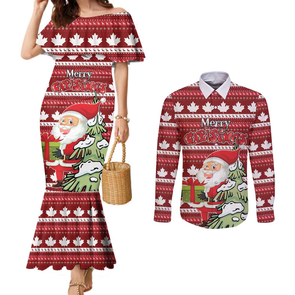 Personalized Canada Christmas Couples Matching Mermaid Dress and Long Sleeve Button Shirt Maple Leaf Pattern