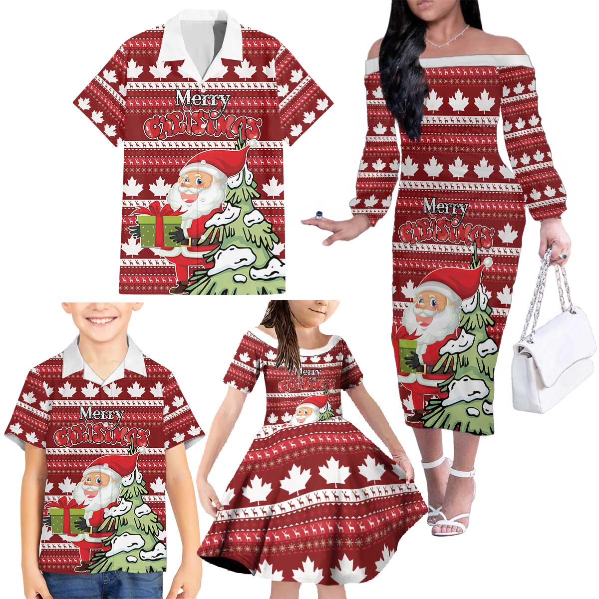 Personalized Canada Christmas Family Matching Off The Shoulder Long Sleeve Dress and Hawaiian Shirt Maple Leaf Pattern - Wonder Print Shop