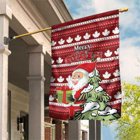 Red Christmas garden flag with maple leaf pattern, Santa holding gifts and green tree