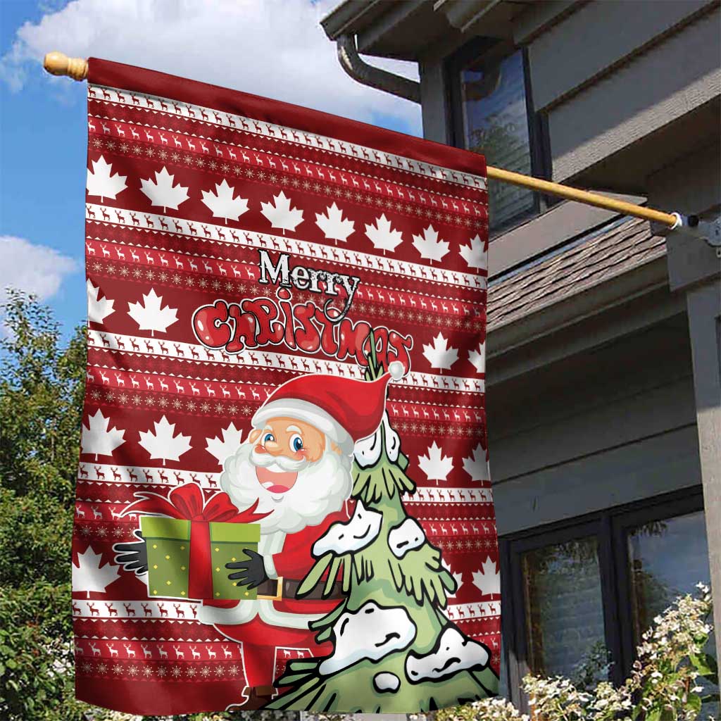 Red Christmas garden flag with maple leaves, Merry Christmas text and Santa