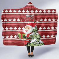 Red hooded Christmas blanket with maple leaf pattern and Santa graphic, full body