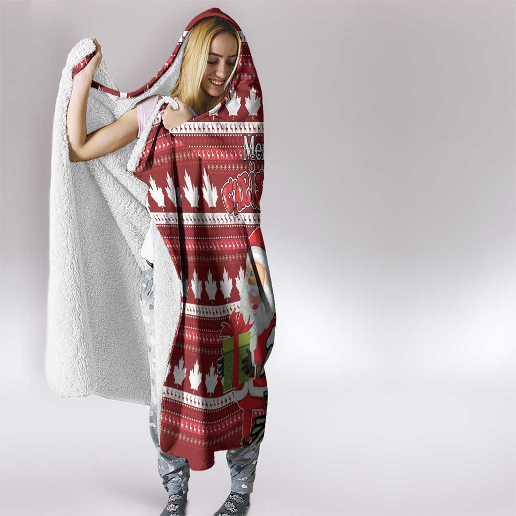 Red hooded Christmas blanket with Sherpa lining, maple leaf pattern, Santa print
