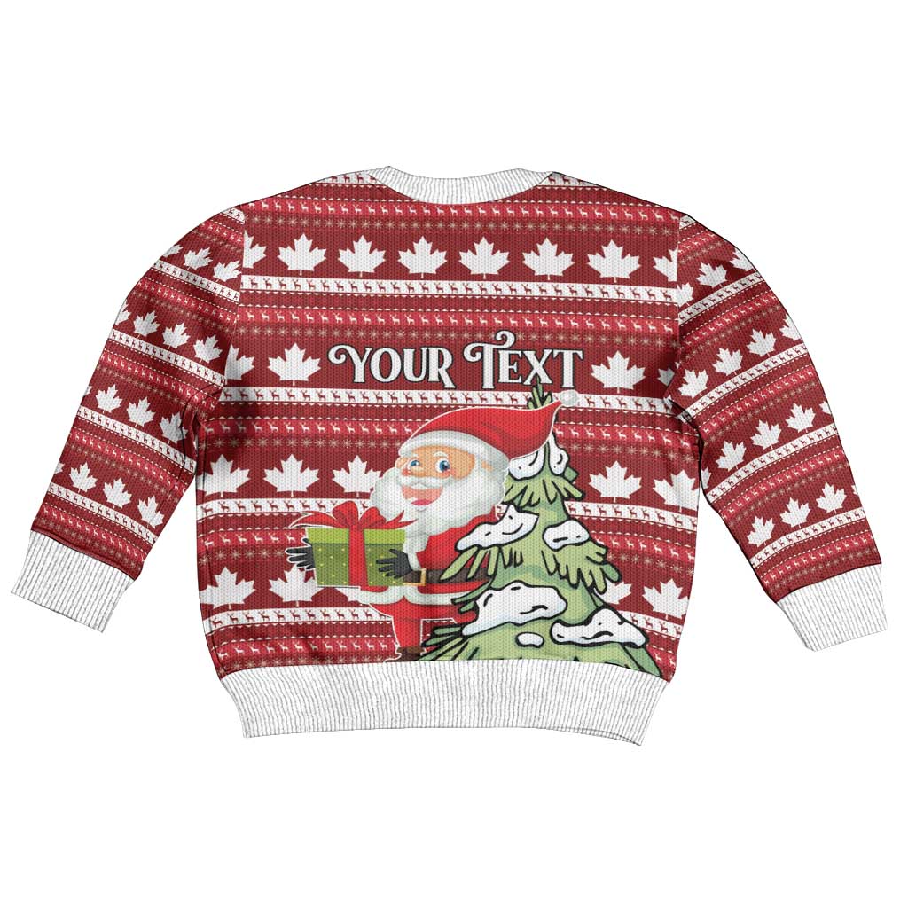 Kids red ugly Christmas sweater back with maple leaf pattern and Your Text banner