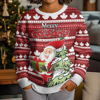 Kids red ugly Christmas sweater with maple leaves, Merry Christmas lettering, Santa