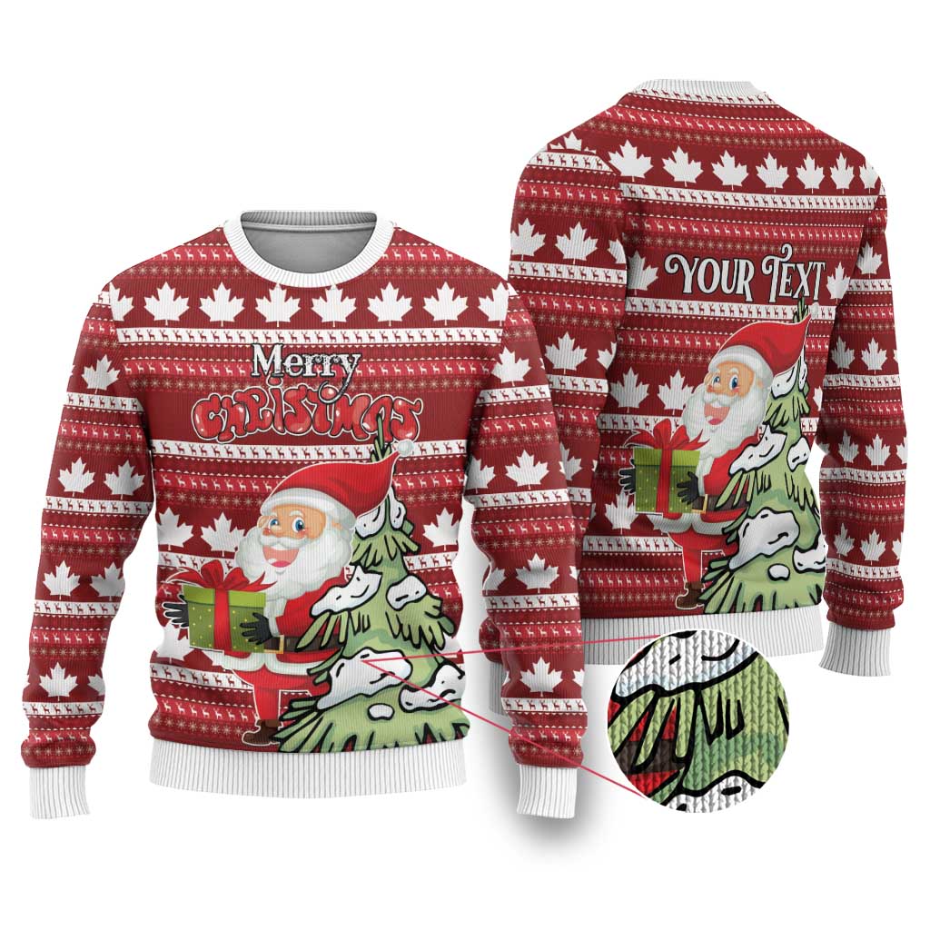 Ugly Christmas sweater pair: front and back red knit with Santa and maple leaf pattern