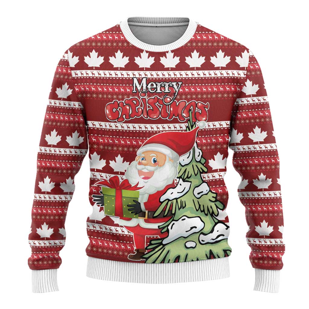 Red knit ugly Christmas sweater with white maple leaf pattern and Santa graphic