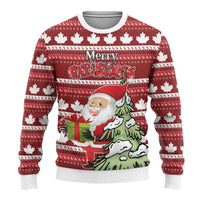 Red knit ugly Christmas sweater with white maple leaf pattern and Santa graphic
