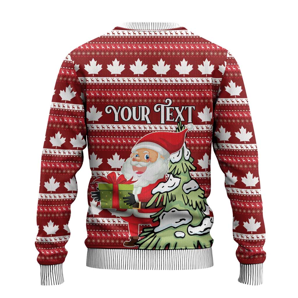 Back view red ugly Christmas sweater with white maple leaf stripes and Santa graphic