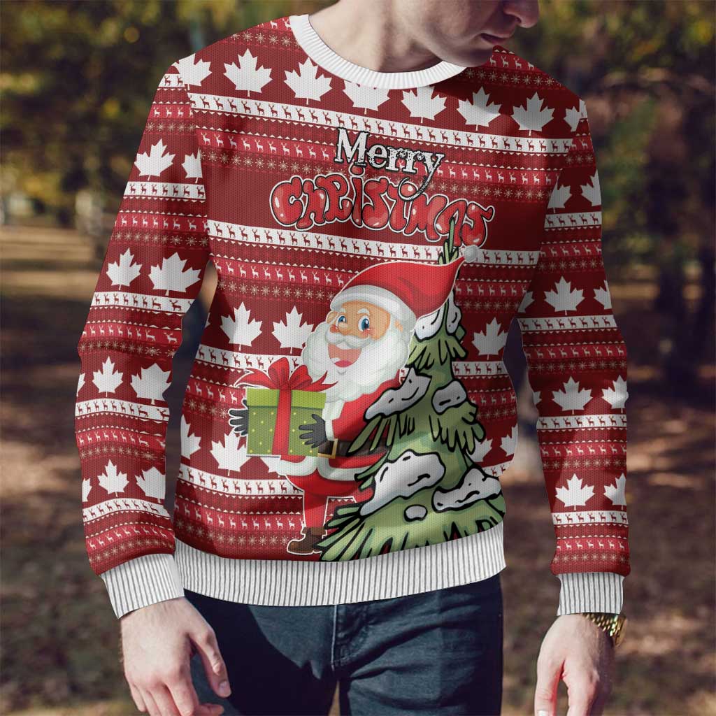 Red ugly Christmas sweater with Santa holding gift, “Merry Christmas” text, and maple leaves