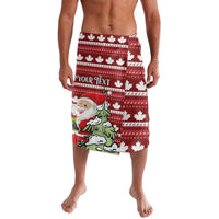 Red Christmas print shorts with maple leaves, Santa and text band