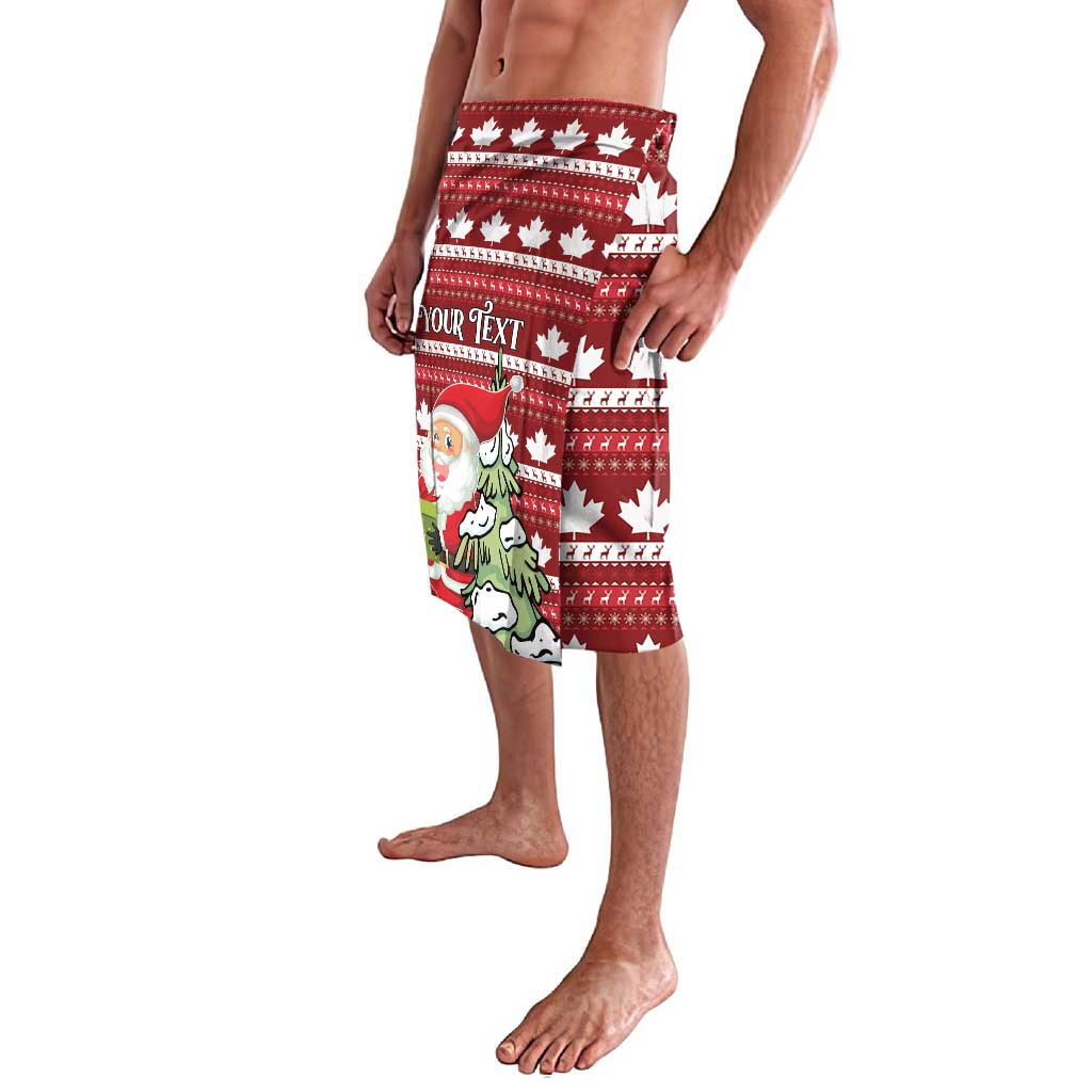 Red Christmas print shorts with Santa face, maple leaves and striped band