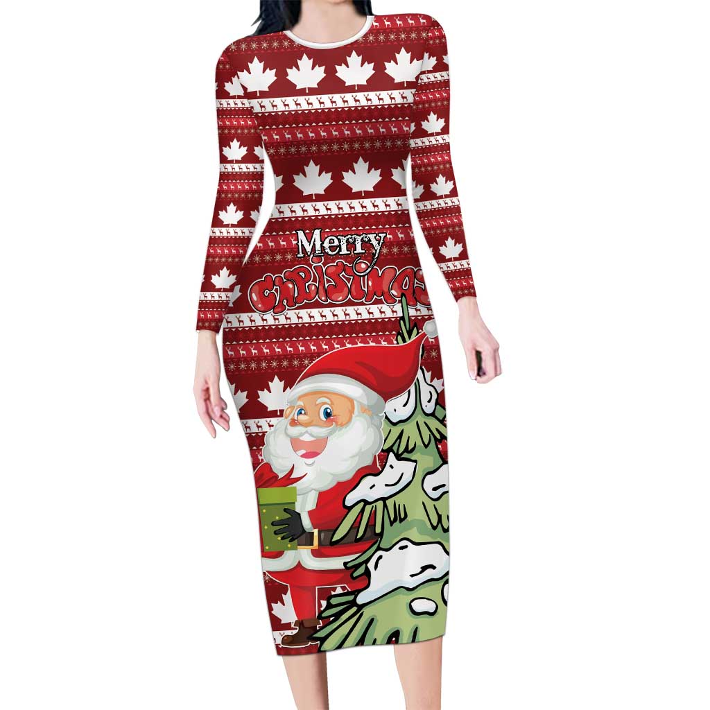 Personalized Canada Christmas Long Sleeve Bodycon Dress Maple Leaf Pattern - Wonder Print Shop