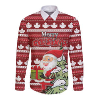 Red long-sleeve button shirt with Merry Christmas graphic and maple leaf knit pattern
