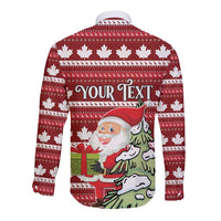 Red long-sleeve button shirt back with Your Text area, Santa and dog graphic, maple leaf pattern