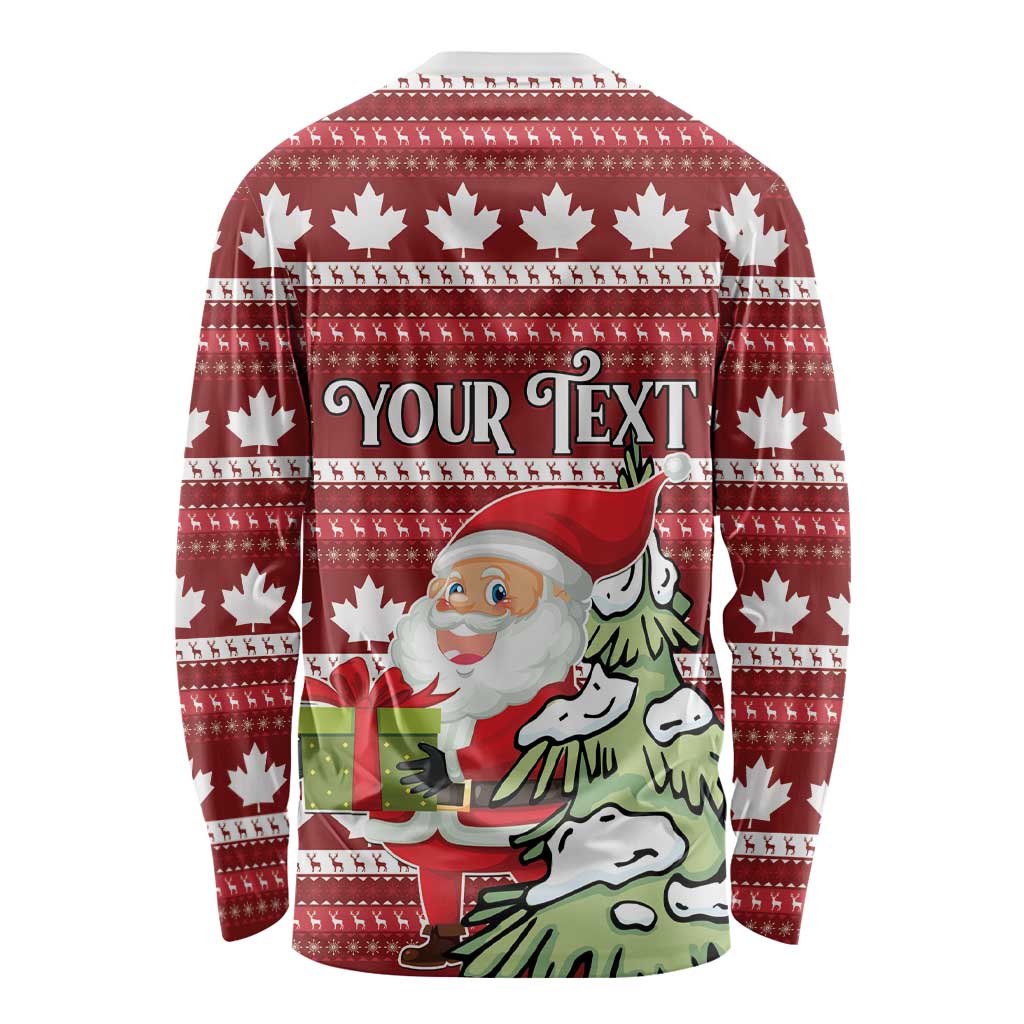 Unisex red long-sleeve Christmas shirt with white maple leaves, Santa with gift, and 'YOUR TEXT' banner