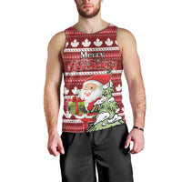 Men's red Christmas tank top front with Santa, tree, dog and maple leaf pattern