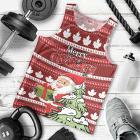 Red Christmas tank top laid flat with Santa and maple leaf pattern, Merry Christmas text