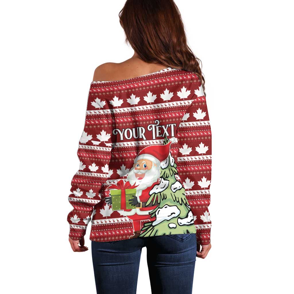 Red off-shoulder sweater, back view, maple leaves, Santa and 'YOUR TEXT' print