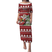 Red long off-shoulder Christmas dress with Santa, tree and maple leaf pattern