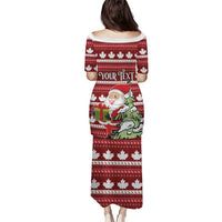 Red long off-shoulder Christmas dress with Santa and maple leaves, YOUR TEXT panel