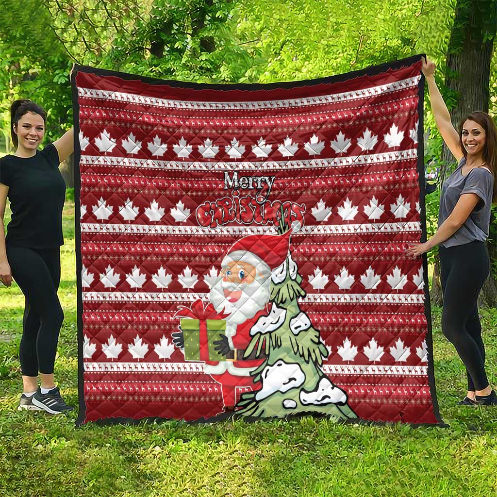 Red outdoor throw quilt with maple leaf pattern, Santa holding gift, and “Merry Christmas”
