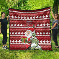 Red outdoor throw quilt with maple leaf pattern, Santa holding gift, and “Merry Christmas”